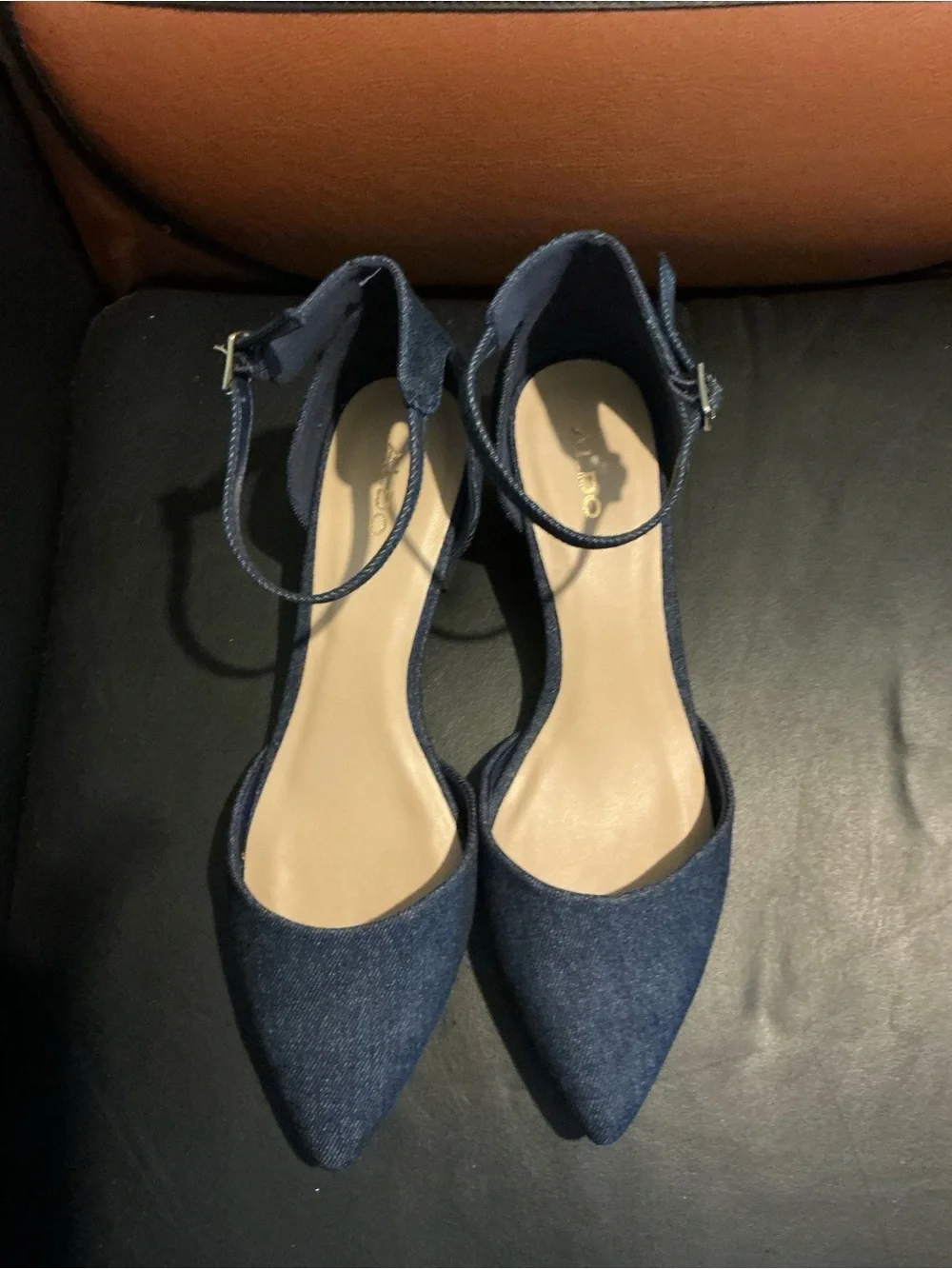 ALDO Navy Denim Pointed-Toe Ankle-Strap Heels